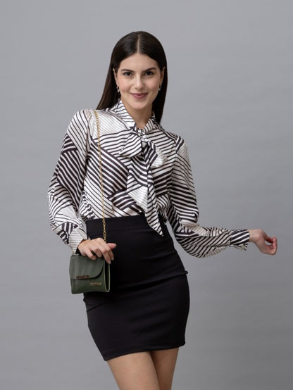 Printed Tie-Up Neck Satin Top