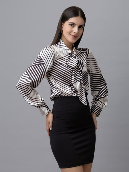 Printed Tie-Up Neck Satin Top