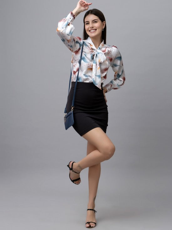 Printed Tie-Up Neck Satin Top