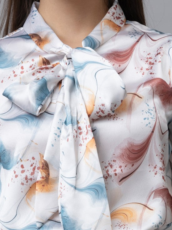 Printed Tie-Up Neck Satin Top