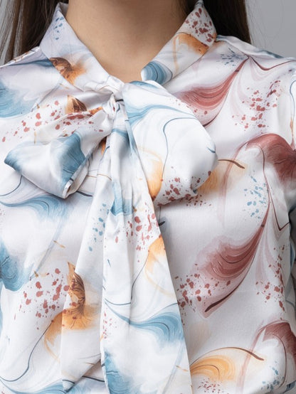 Printed Tie-Up Neck Satin Top