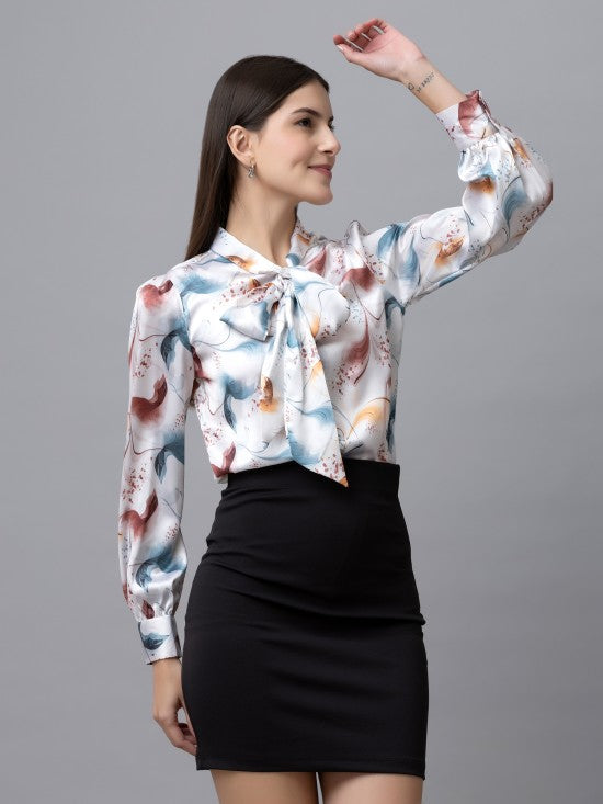 Printed Tie-Up Neck Satin Top