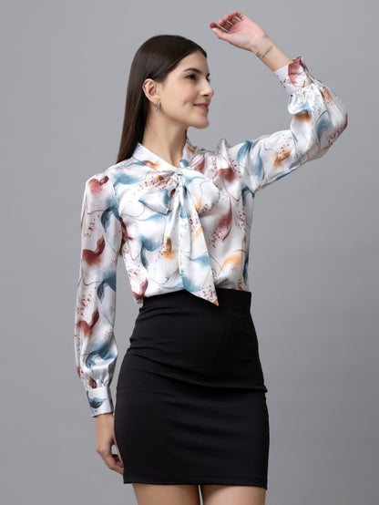 Printed Tie-Up Neck Satin Top
