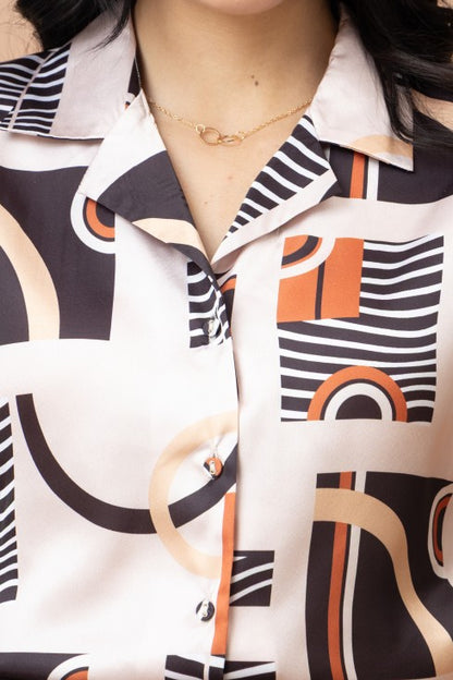 Abstract Printed Cuban Collar Satin Shirt