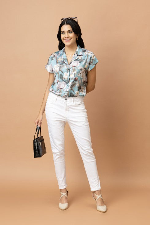 Floral Printed Cuban Collar Satin Shirt