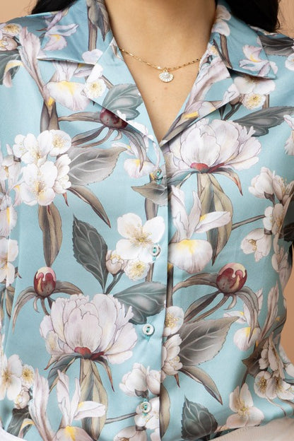 Floral Printed Cuban Collar Satin Shirt
