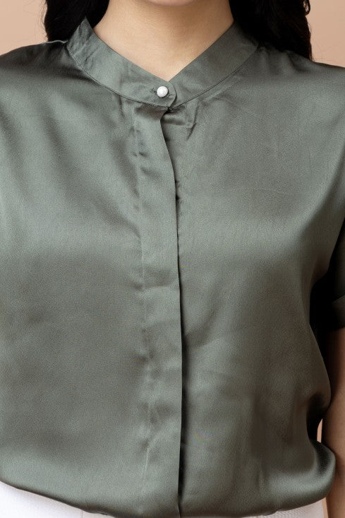 Mandarin Collar Casual Satin Shirt