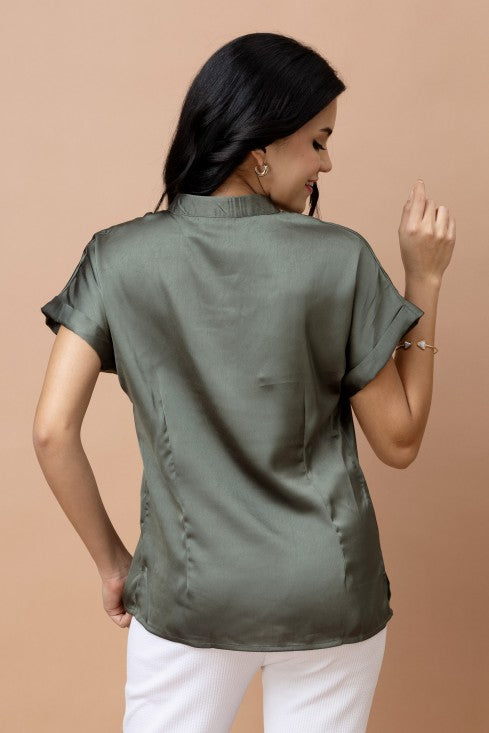 Mandarin Collar Casual Satin Shirt