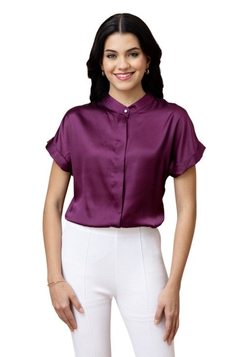 Mandarin Collar Casual Satin Shirt