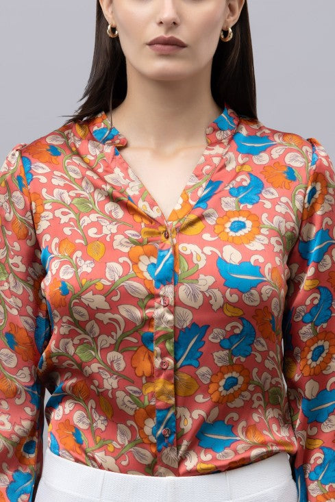 Band Collar Casual Satin Shirt
