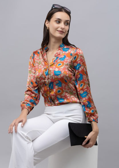 Band Collar Casual Satin Shirt