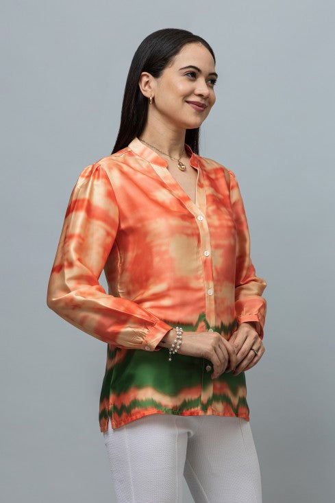Band Collar Printed Satin Shirt