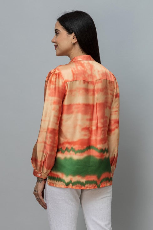 Band Collar Printed Satin Shirt
