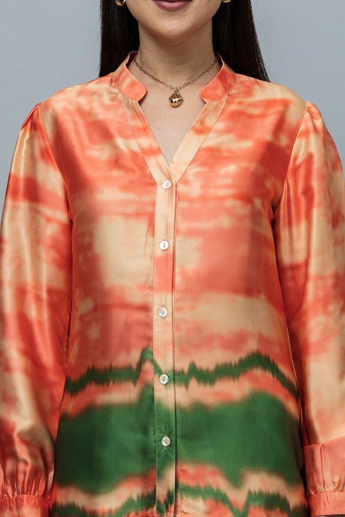 Band Collar Printed Satin Shirt