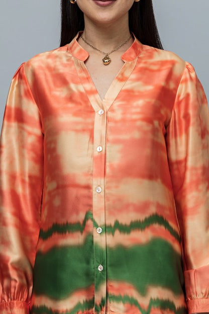 Band Collar Printed Satin Shirt