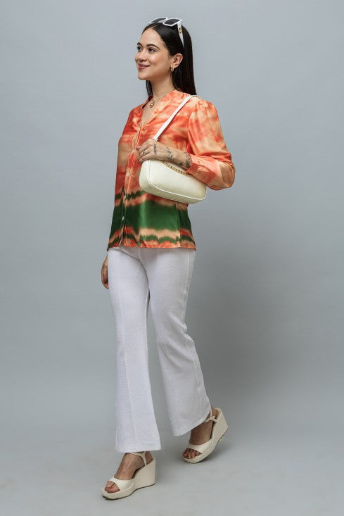 Band Collar Printed Satin Shirt