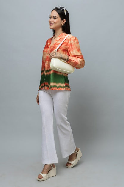 Band Collar Printed Satin Shirt