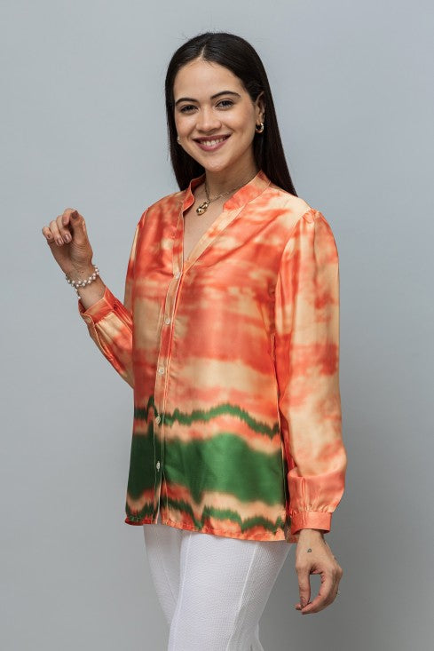 Band Collar Printed Satin Shirt