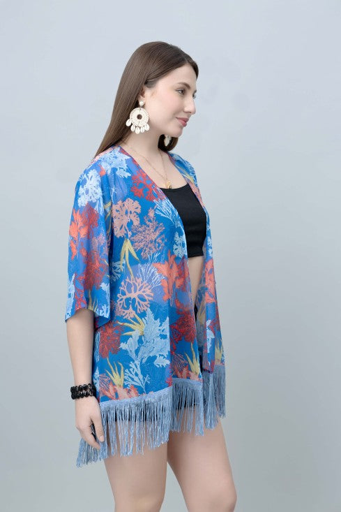 Women's Tropical Print Kimono Tasseled Shrug
