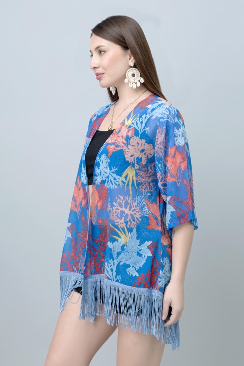 Women's Tropical Print Kimono Tasseled Shrug