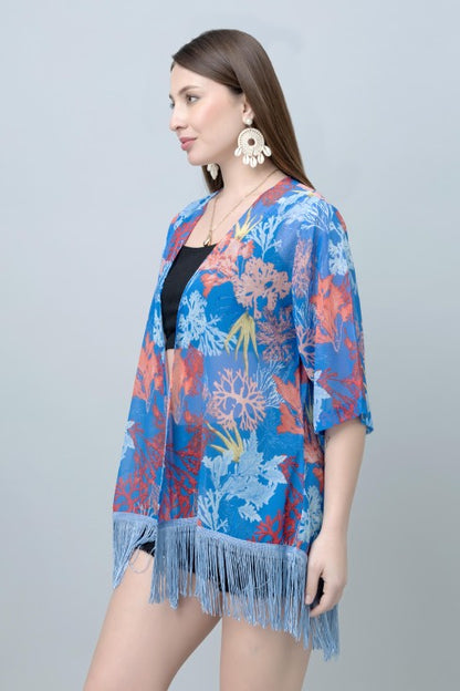 Women's Tropical Print Kimono Tasseled Shrug