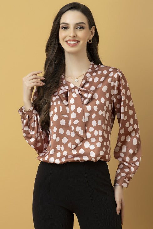 Tie-Up Neck Cuffed Sleeves Top