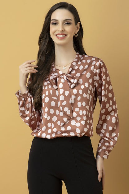 Tie-Up Neck Cuffed Sleeves Top