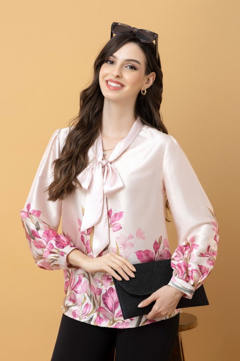 Tie-Up Neck Cuffed Sleeves Top