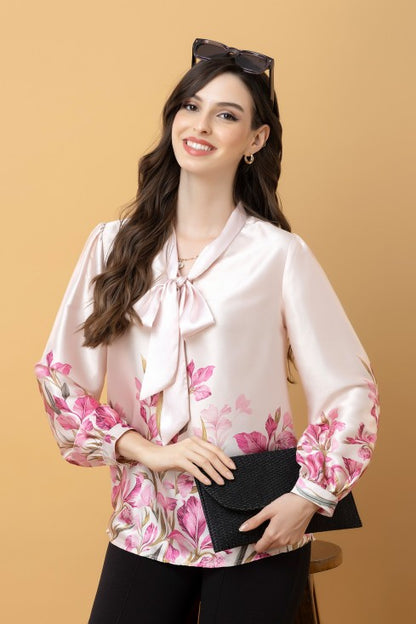 Tie-Up Neck Cuffed Sleeves Top