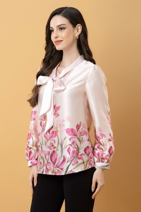 Tie-Up Neck Cuffed Sleeves Top