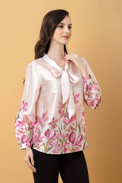 Tie-Up Neck Cuffed Sleeves Top