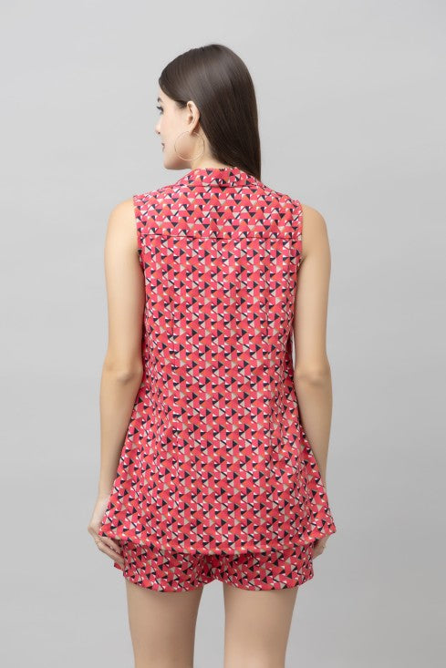 Geometric Printed Shawl Neck Sleeveless Casual Coat With Shorts