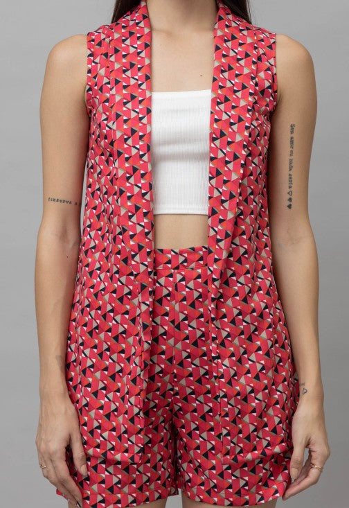 Geometric Printed Shawl Neck Sleeveless Casual Coat With Shorts