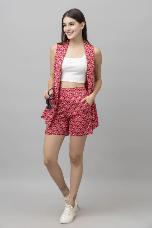 Geometric Printed Shawl Neck Sleeveless Casual Coat With Shorts