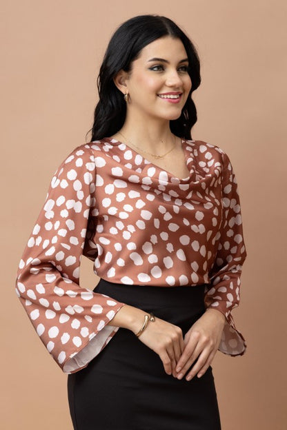 Cowl Neck Bell Sleeves Satin Top