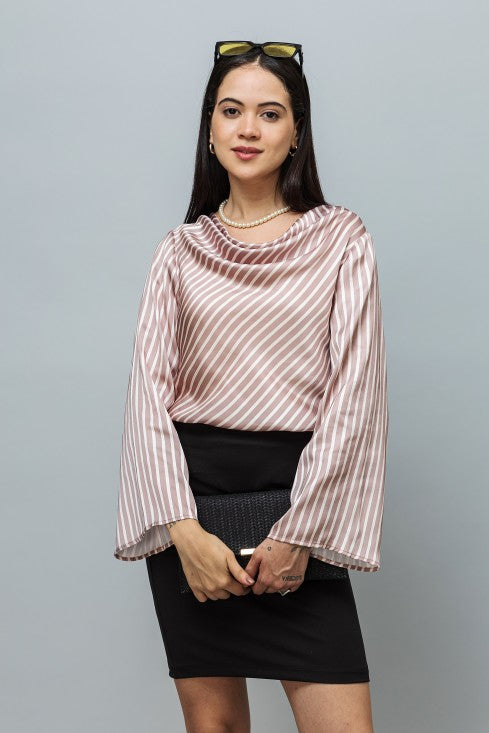 Cowl Neck Bell Sleeves Satin Top