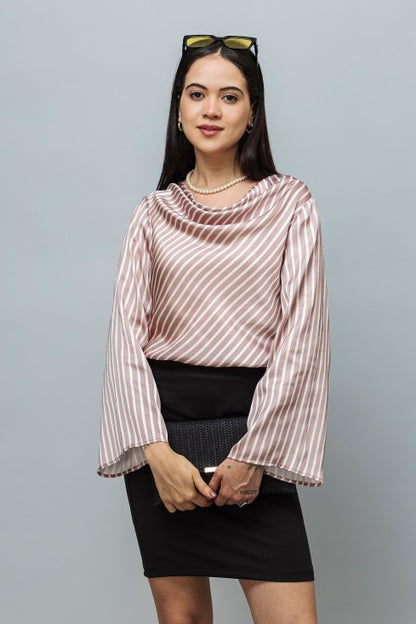 Cowl Neck Bell Sleeves Satin Top