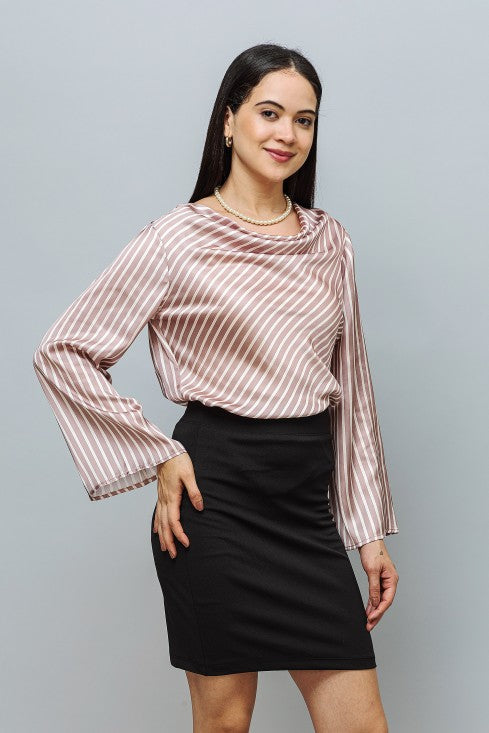 Cowl Neck Bell Sleeves Satin Top