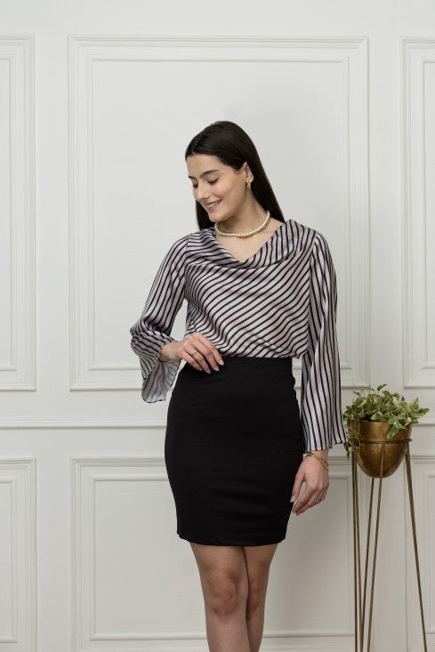 Striped Cowl Neck Satin Top