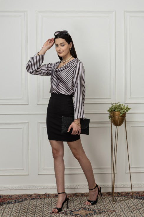 Striped Cowl Neck Satin Top