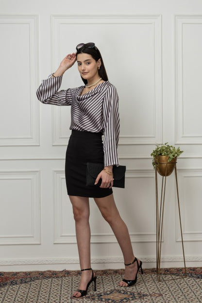 Striped Cowl Neck Satin Top