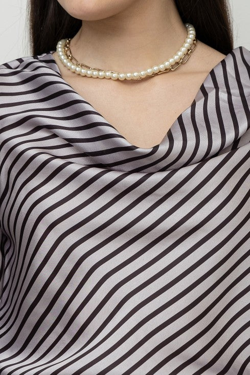 Striped Cowl Neck Satin Top