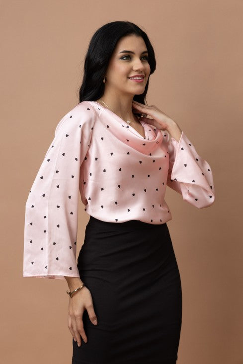 Cowl Neck Bell Sleeves Satin Top