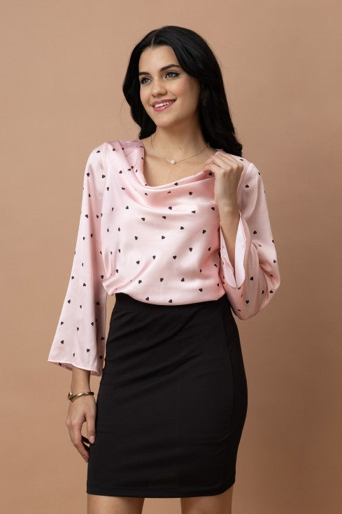 Cowl Neck Bell Sleeves Satin Top
