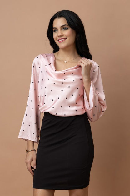 Cowl Neck Bell Sleeves Satin Top
