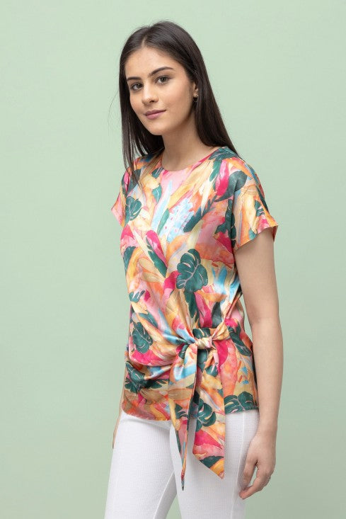 Tropical Print Satin Top For Women
