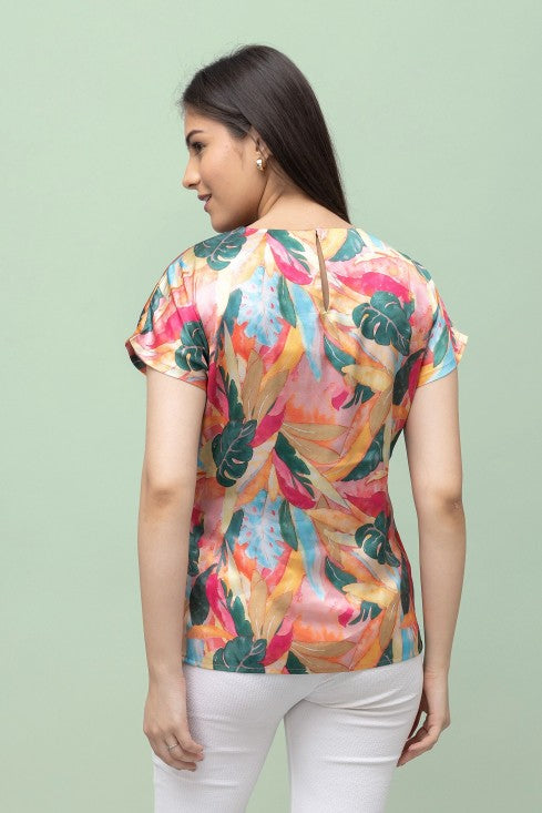 Tropical Print Satin Top For Women