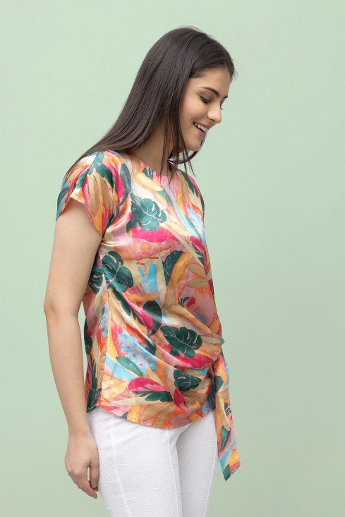 Tropical Print Satin Top For Women