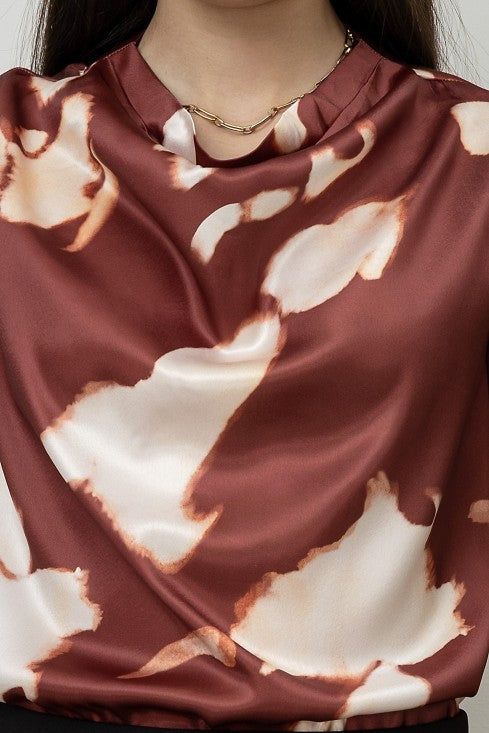 Printed Satin Cowl Neck Top