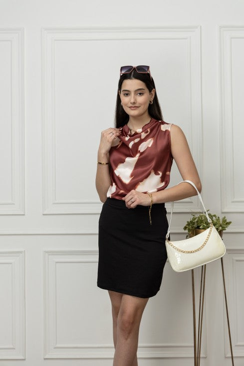 Printed Satin Cowl Neck Top
